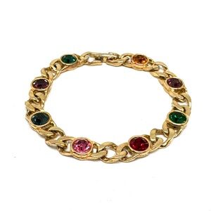 Vintage Multicolor Rhinestone Goldtone Chain Link Bracelet